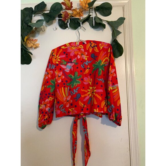 Maison D’Amelie LINEN Tie Front Blouse Womens M Red Floral Abstract Boho Cropped - Picture 2 of 7